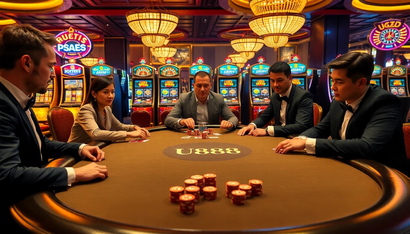 U888 poker players strategizing in a luxurious casino environment.