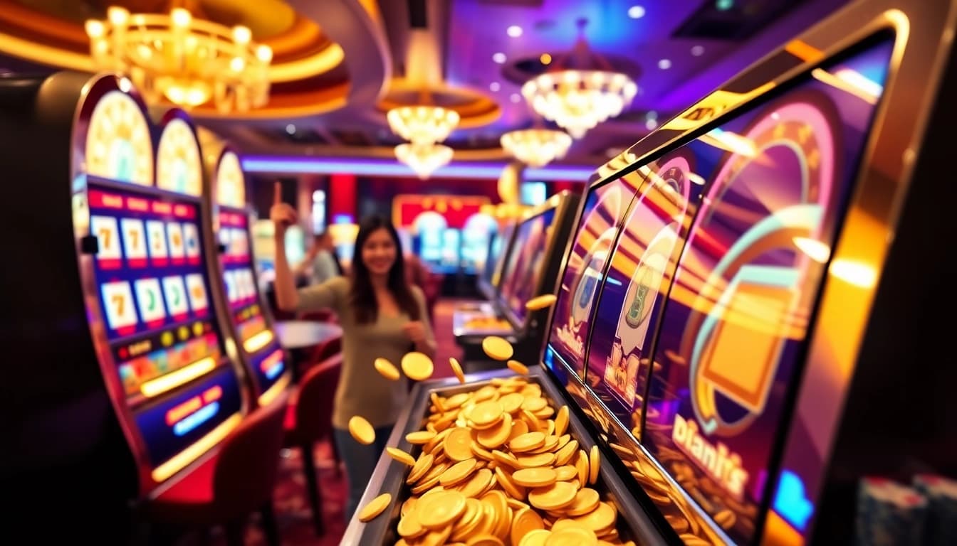 Slot Gacor Hari ini captures excited players winning at vibrant slot machines in a luxurious casino setting.