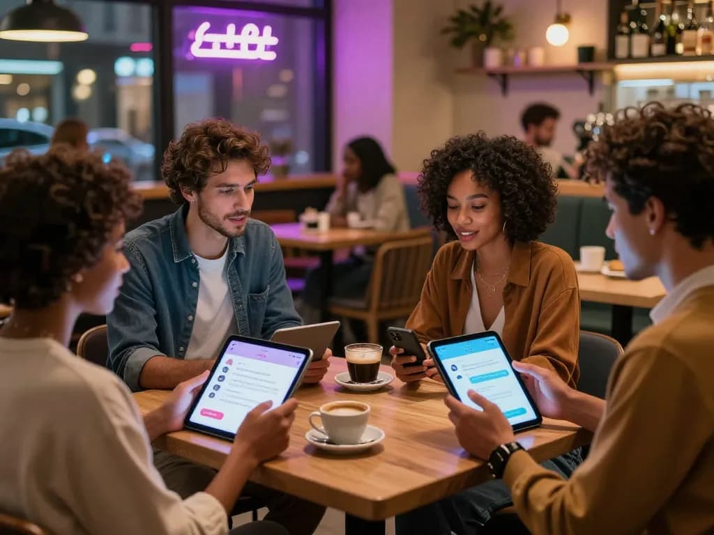 Individuals discussing sex AI in a modern café setting with digital devices.