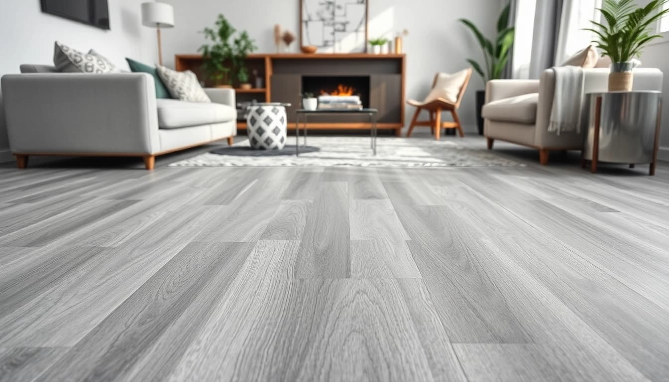 Enhance your space with elegant grey vinyl flooring showcasing a contemporary design.