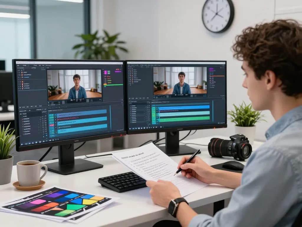 Video to prompt generator in action, showcasing AI analysis on dual monitors for seamless video content creation.