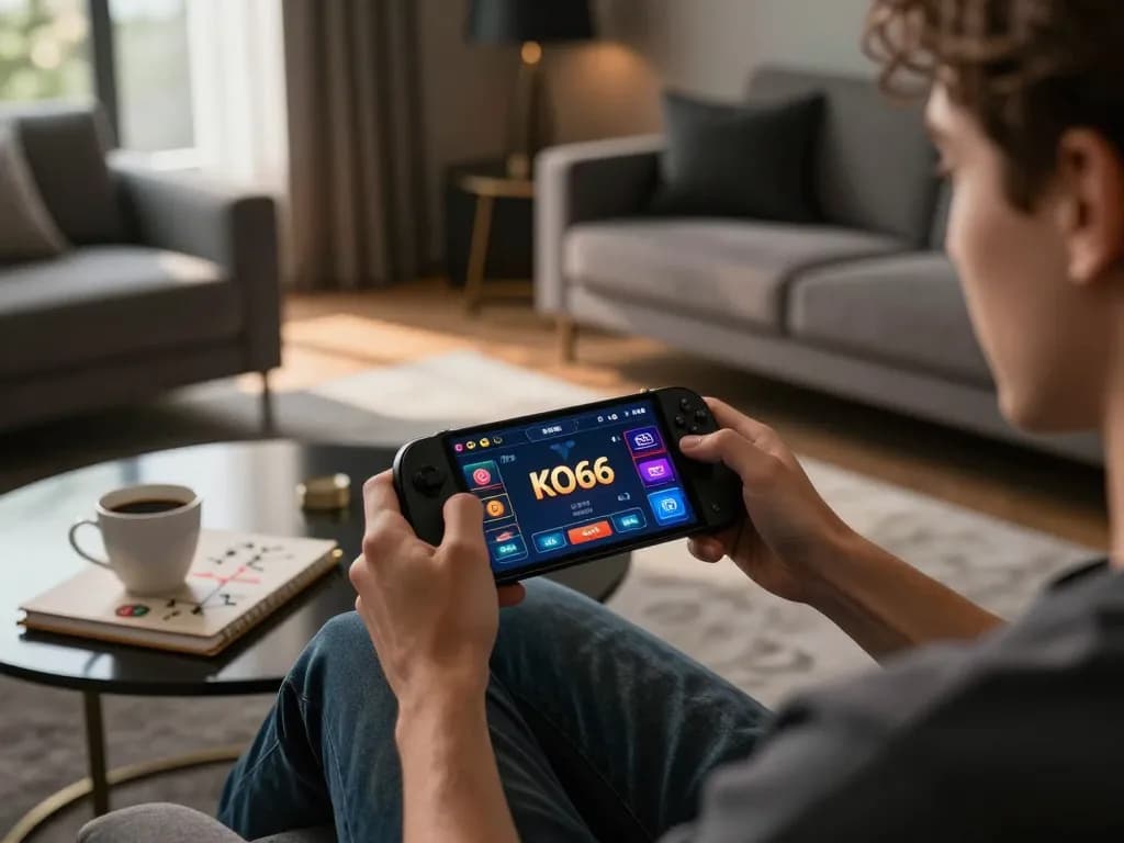 Playing the KO66 casino app on smartphone in a cozy home setup for an engaging gaming experience.
