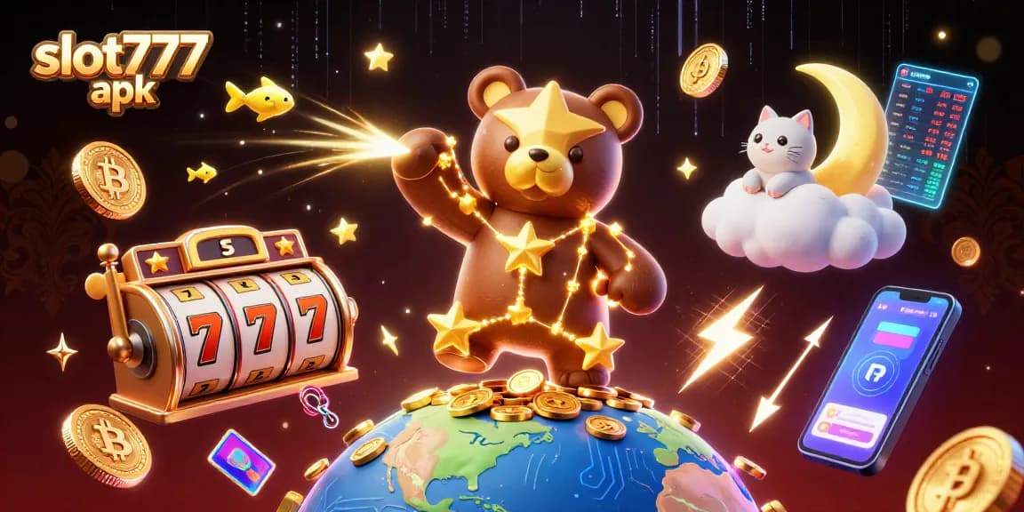 Experience the excitement of slot777 apk with a vibrant 3D illustration showcasing slots and crypto elements.