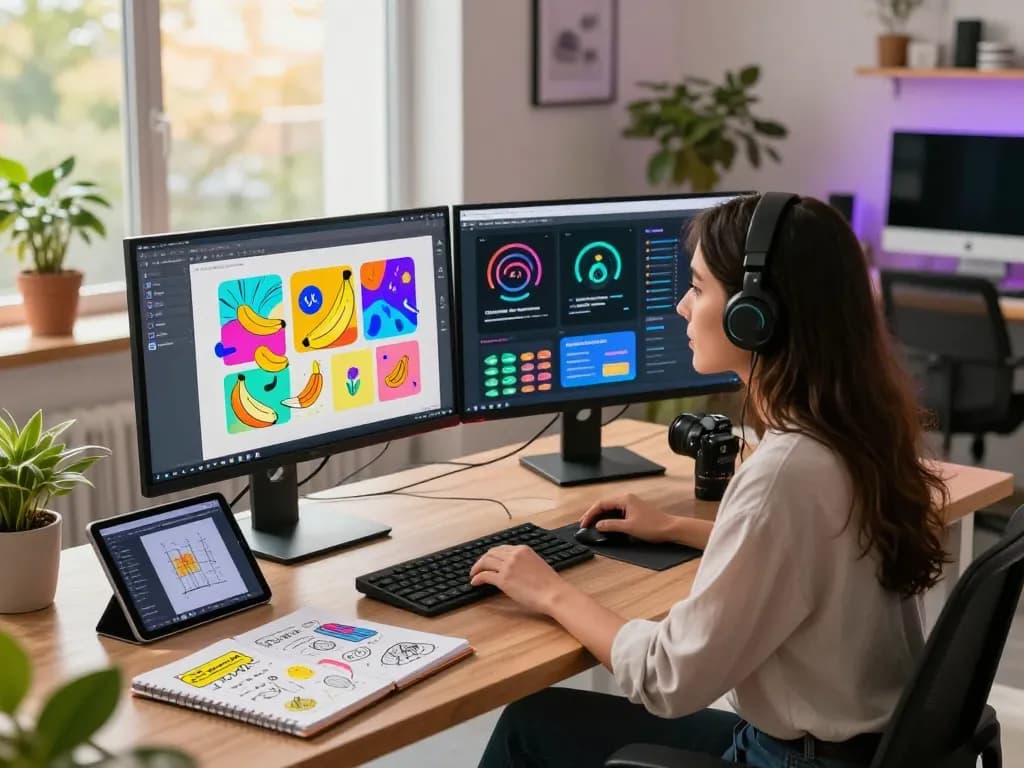Graphic design in a vibrant workspace with nano banana 2 interface, showcasing creativity and technology.