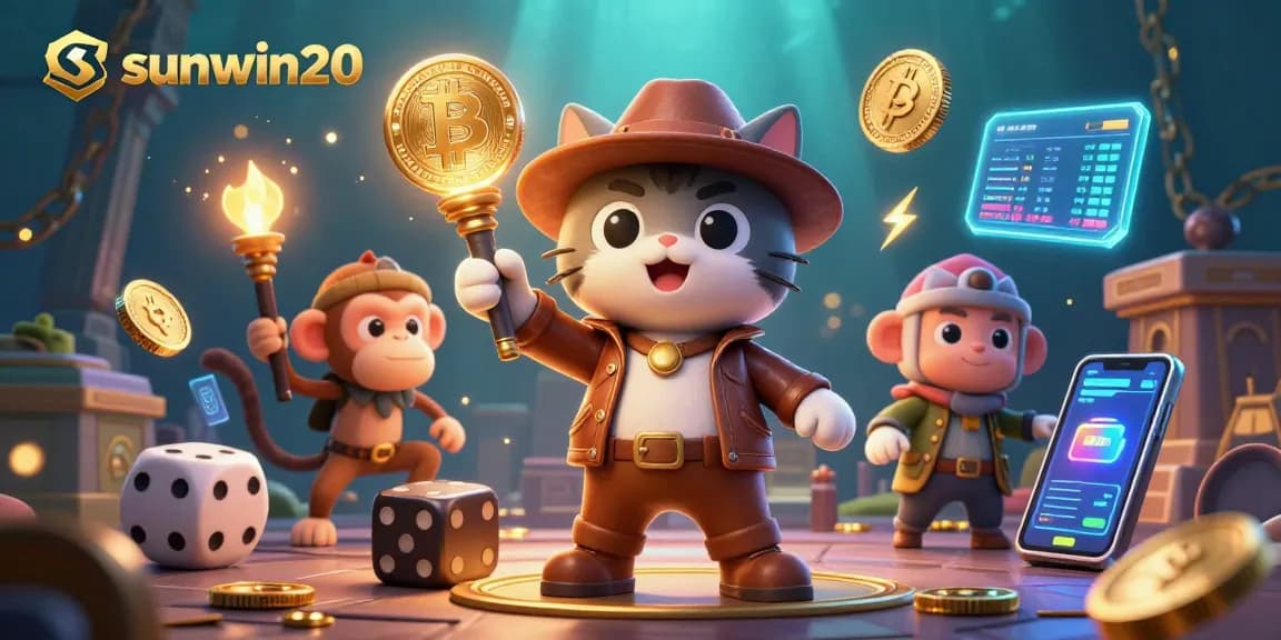 Engage with sunwin20 in a vibrant gambling adventure featuring a cat explorer and crypto treasures.
