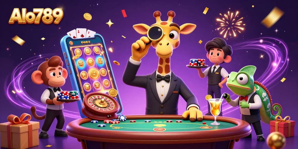 Alo789 features a vibrant scene with a high-roller giraffe at a VIP poker table surrounded by casino elements.