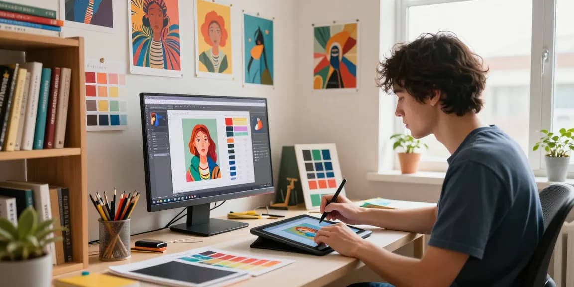 Transform an image to prompt for AI art creation in a vibrant workspace.