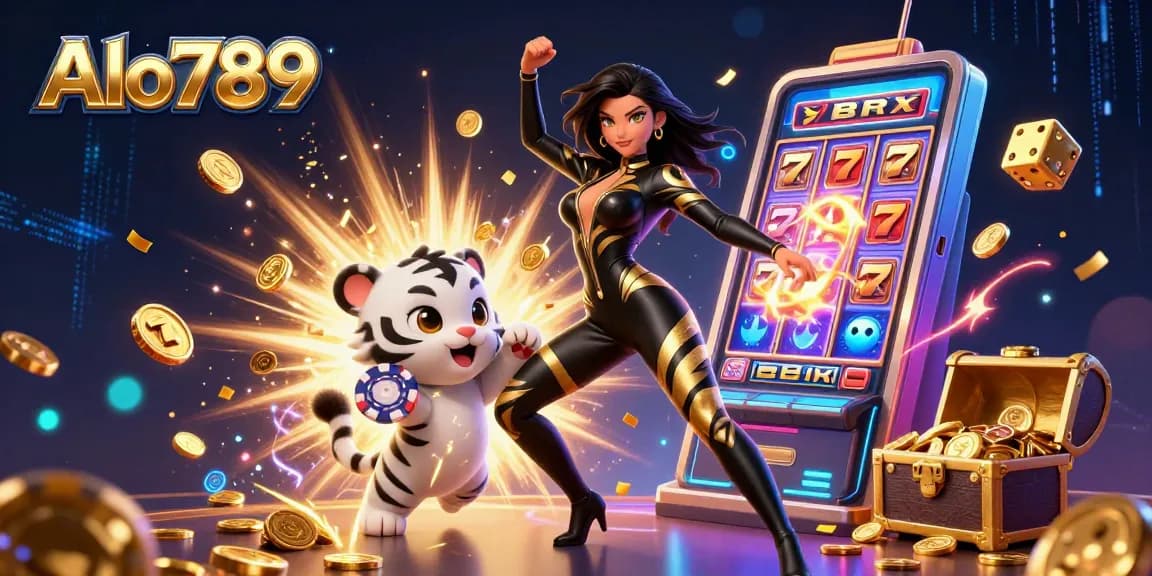 Alo789 features a captivating 3D scene where a woman with tiger stripes and a playful white tiger engage in a vibrant casino atmosphere.