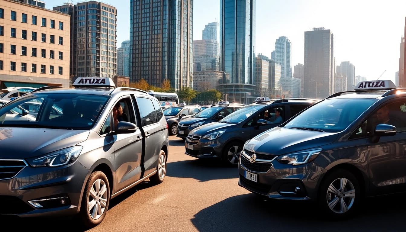 Minicabs navigating a bustling city, showcasing modern vehicles and vibrant urban life.