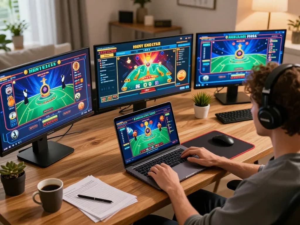 Engaging in online casino gaming at FO88 with a vibrant setup and multiple screens.