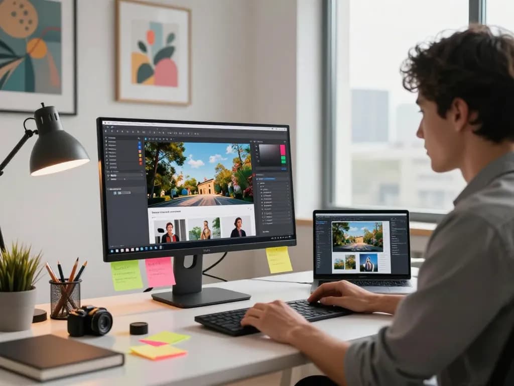 Creator using an image to prompt tool in a modern workspace for AI-generated content.