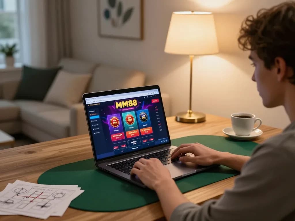 Engaged player using MM88 online casino interface on laptop, warm home gaming setup.