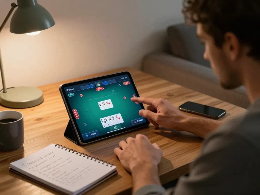 Player analyzing hands in open88 online poker game, showcasing strategic engagement.
