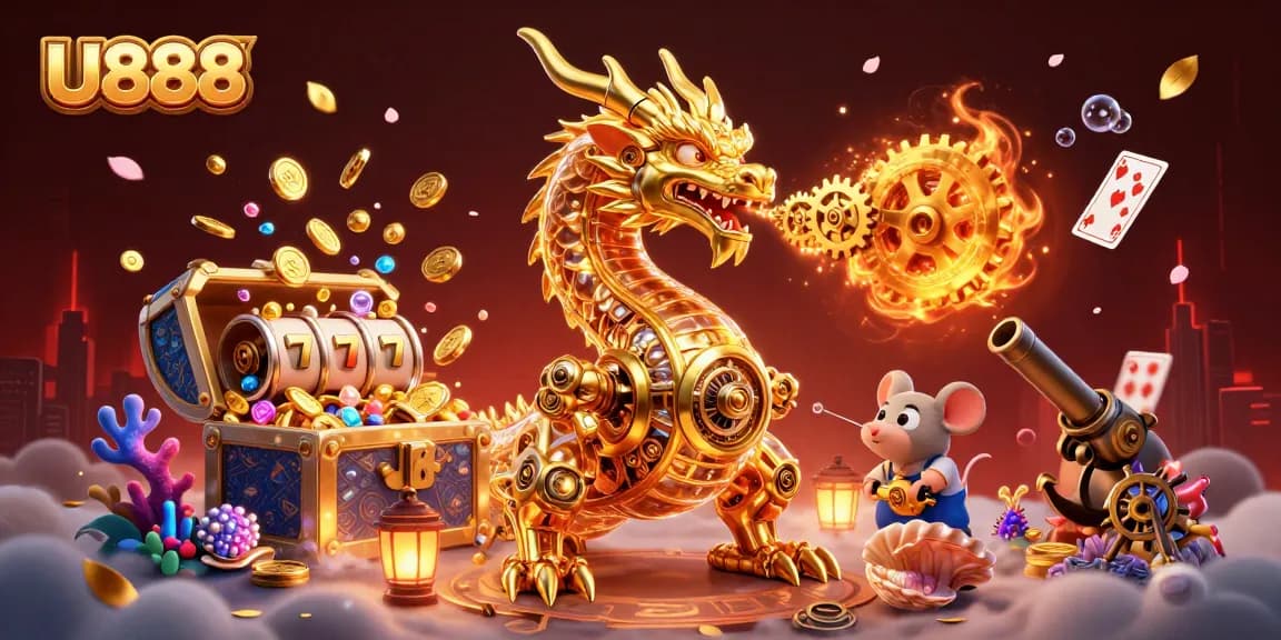 Experience thrilling gameplay at U888 with unique slots and dynamic casino elements in a vibrant 3D illustration.