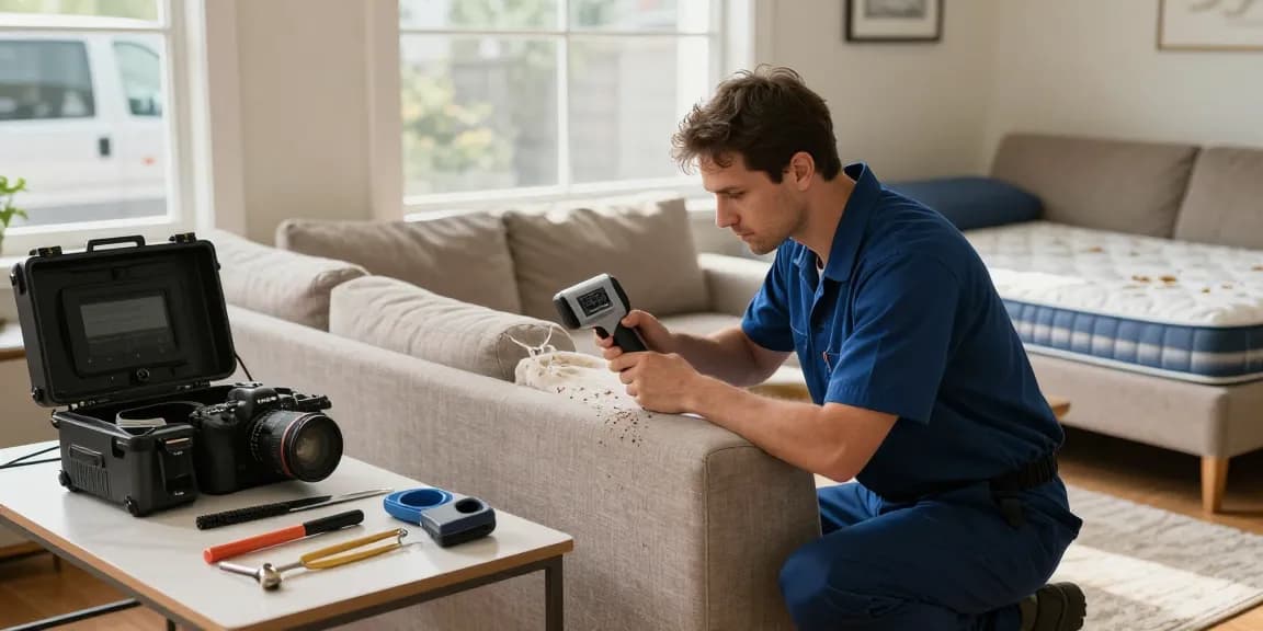 Efficient bed bug removal process in residential living room with professional exterminator using thermal camera for inspection.