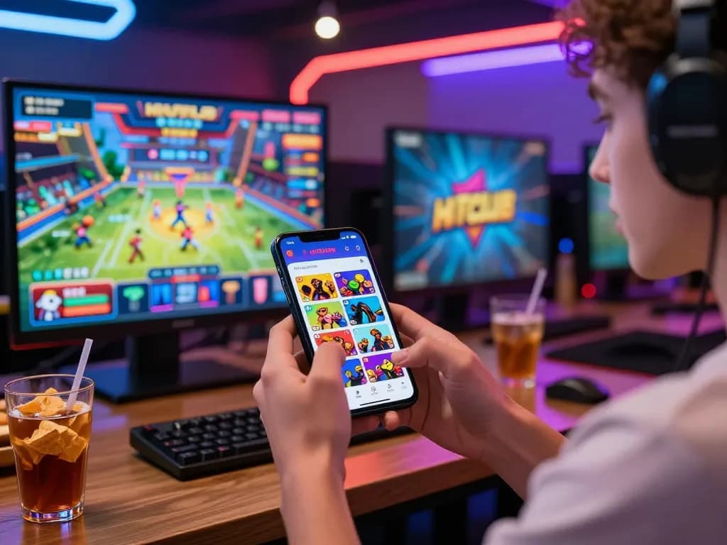 Engaging user playing tải hitclub app in a vibrant gaming lounge with neon lights and colorful game graphics.
