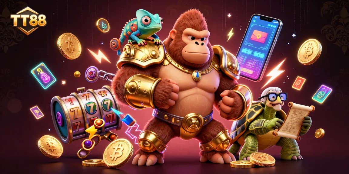 Experience TT88's thrilling gambling adventure with characters in an epic casino scene.