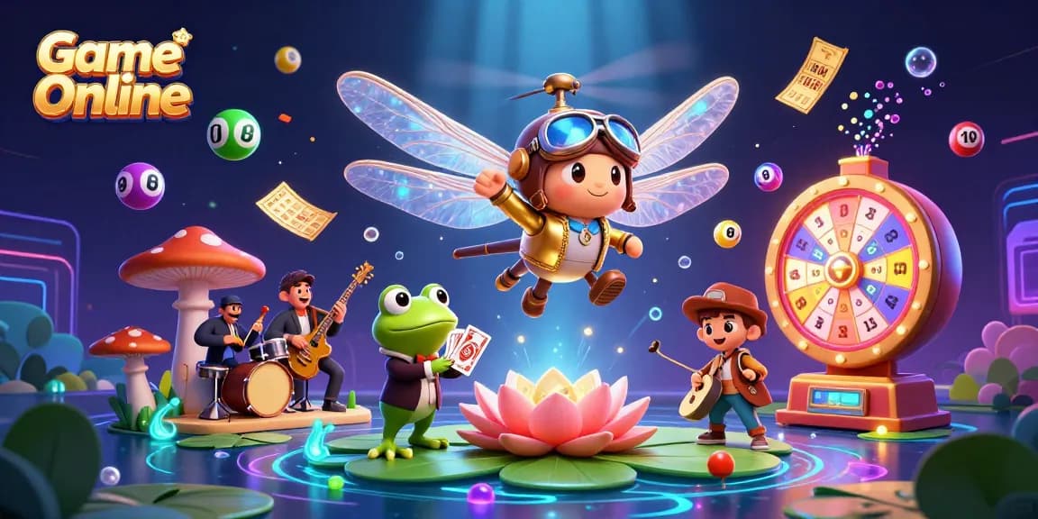 Engage in Game Online with vibrant dragonfly pilot and frog croupier in a lively casino scene.