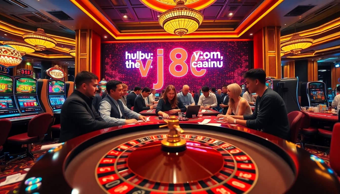 A dynamic casino scene showcasing players engaged at the roulette table and slot machines, highlighting https://vj88.com/ excitement.