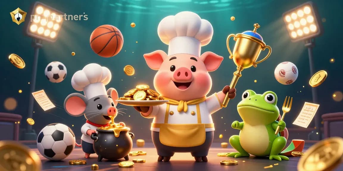 Engage with top pmpartners gaming strategies featuring a chef pig amidst dynamic gambling visuals.