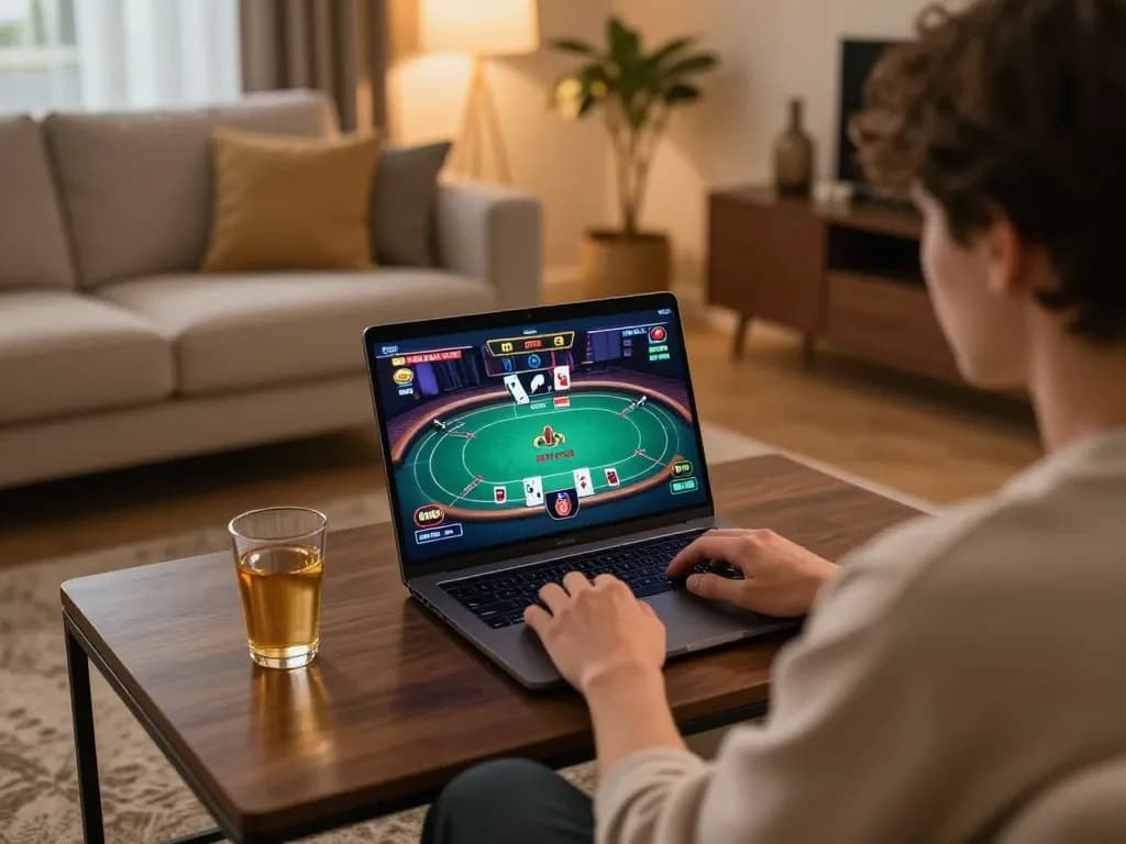 Player enjoying online gambling at home with kjctop gaming setup and vibrant poker graphics.