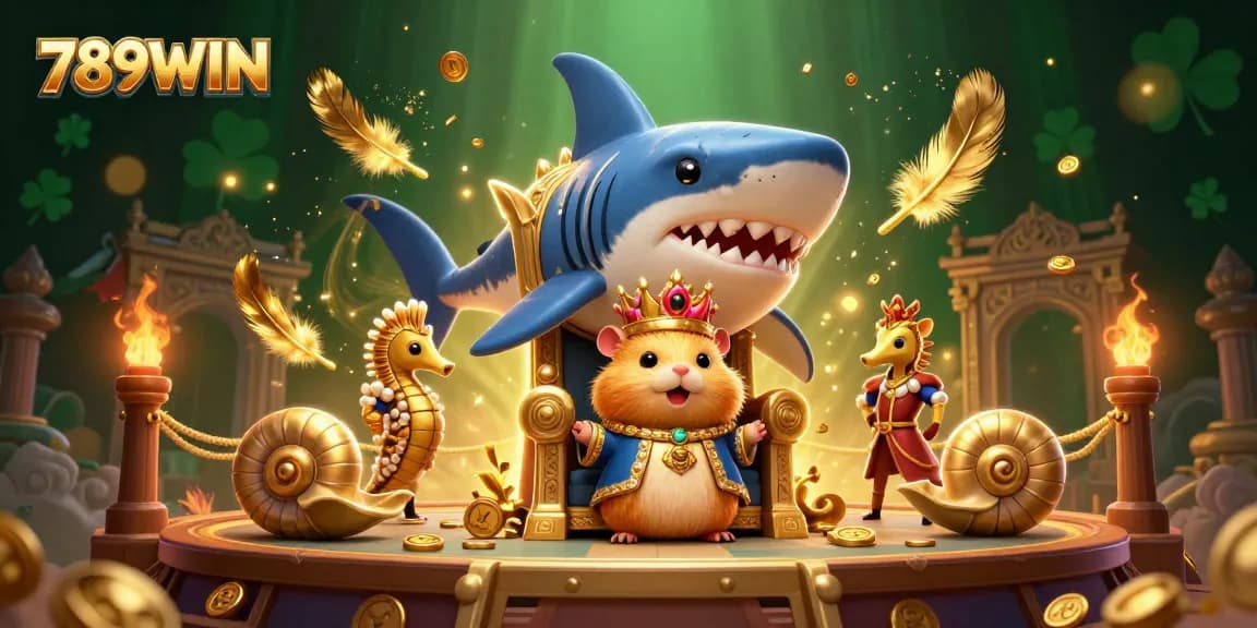 Experience thrilling gameplay at 789WIN with golden hamster king and seahorse guards in a vibrant casino scene.