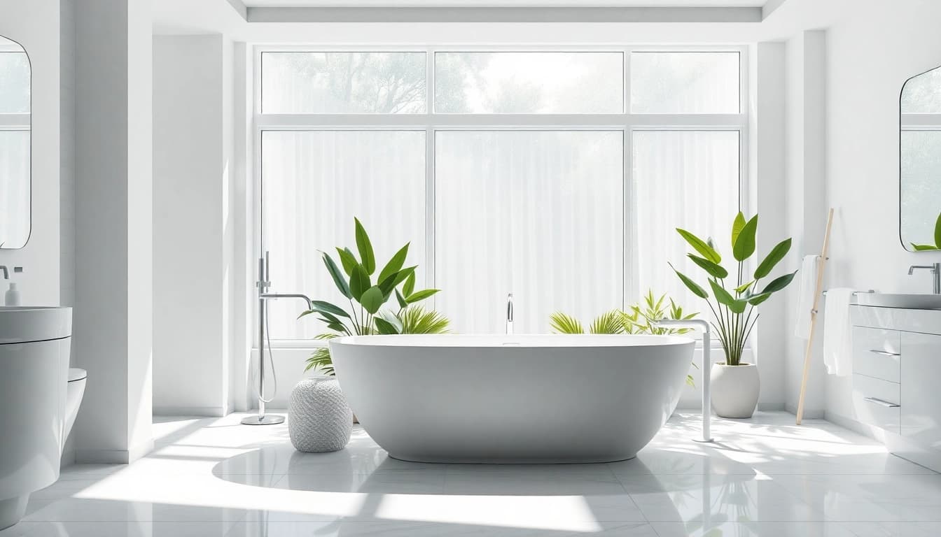 Enhance your elegant bathrooms with a serene freestanding bathtub and calming decor.