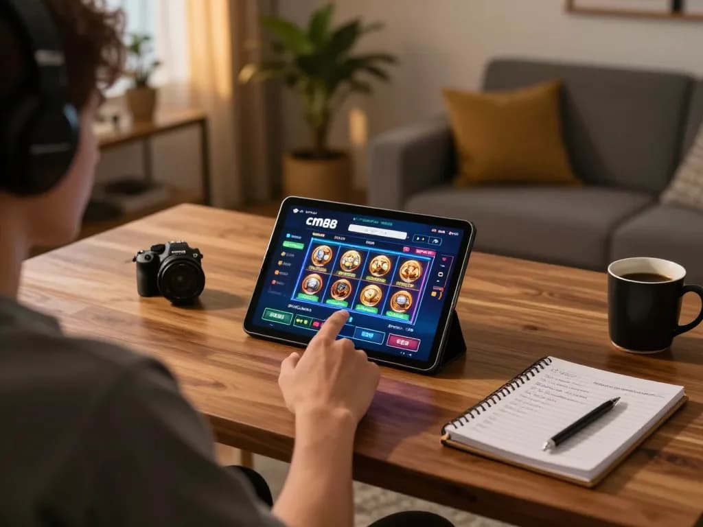 Engaging with the cm88 slot game on a tablet during a cozy online gaming session