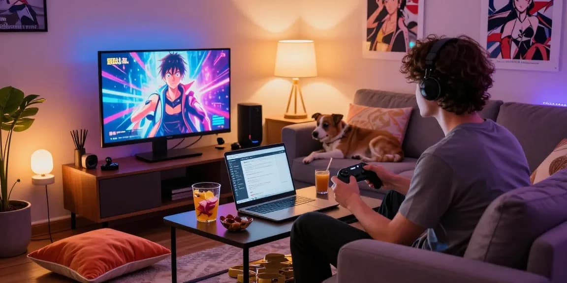 Exciting gaming atmosphere featuring a player engrossed in a hentai game, cozy living room with snacks and anime decor.
