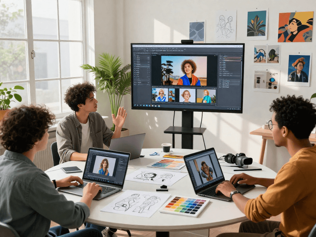 Creative team generating AI NSFW content in a modern studio environment with laptops and digital tools.
