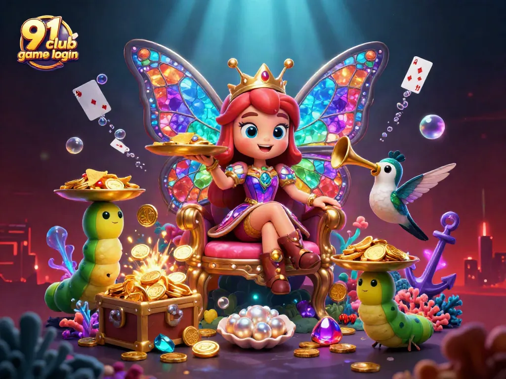 Engage with the 91 club game login in a vibrant 3D animated scene showcasing a butterfly queen and casino-themed elements.
