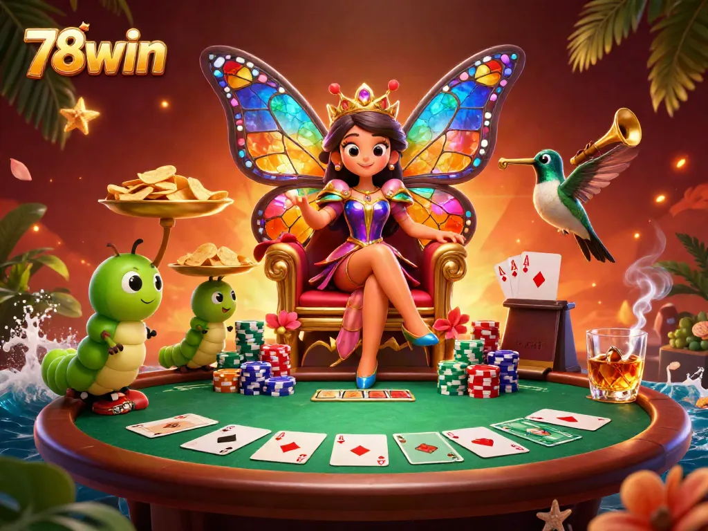 Engage with thrilling games at 78win, featuring a vibrant cartoon illustration of a butterfly queen and poker elements.