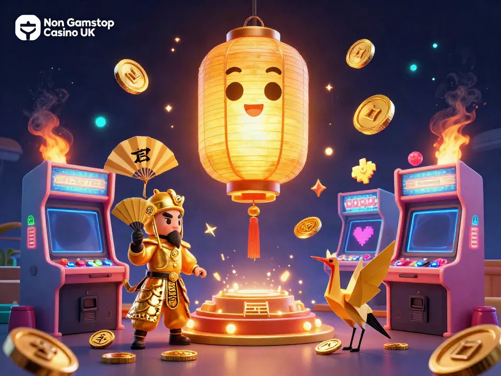 Engage in thrilling gameplay at a Non Gamstop Casino UK illustrated with unique characters and vibrant gaming elements.