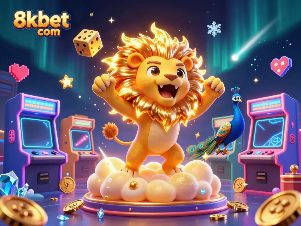 Engage with 8xbet com through a vibrant online casino scene with a roaring lion and glowing game elements.