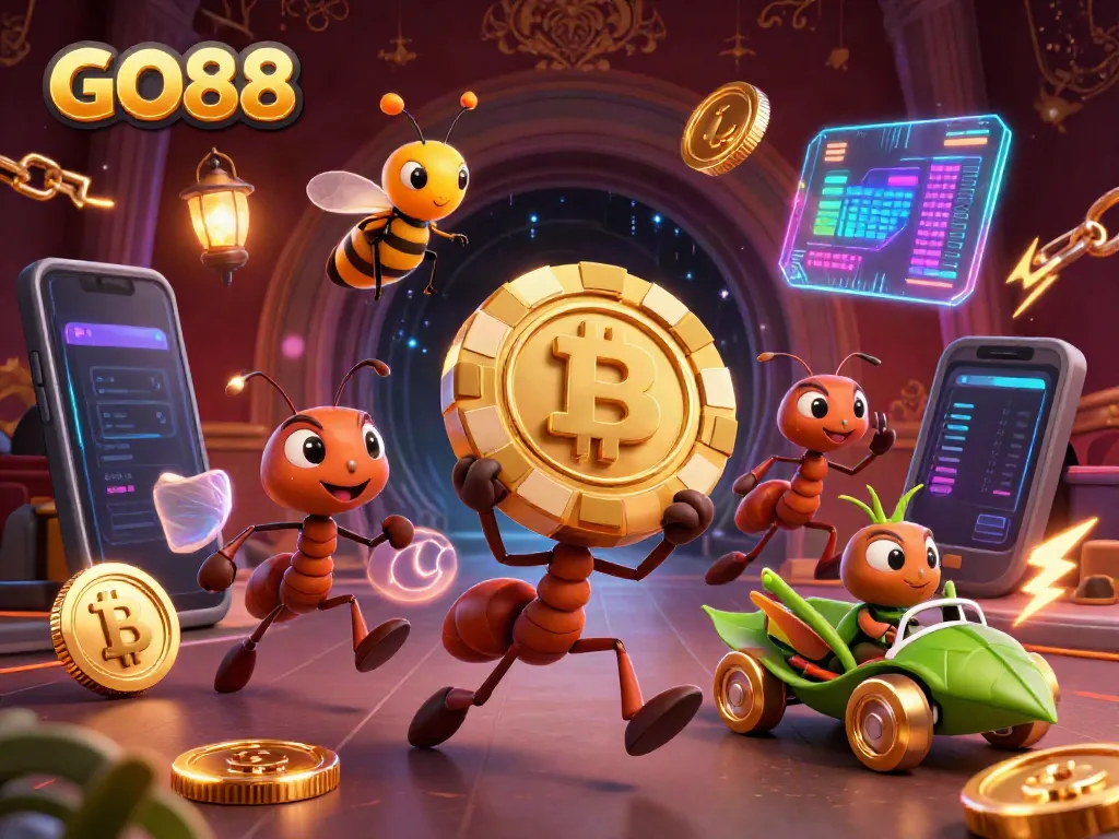 Engaging GO88 scene depicting ants running a heist with a giant poker chip, showcasing vibrant casino elements.