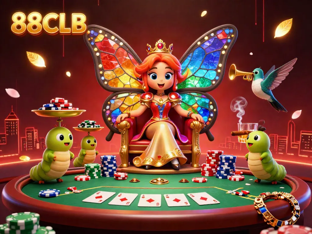 Engage in thrilling gameplay at 88CLB, illustrated by a vibrant 3D scene of a butterfly queen and poker elements.