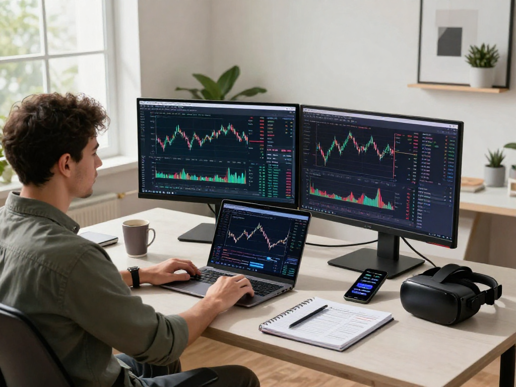 Desarrollador analizando gráficos de trading en Immediate Edge en un entorno moderno y luminoso.
