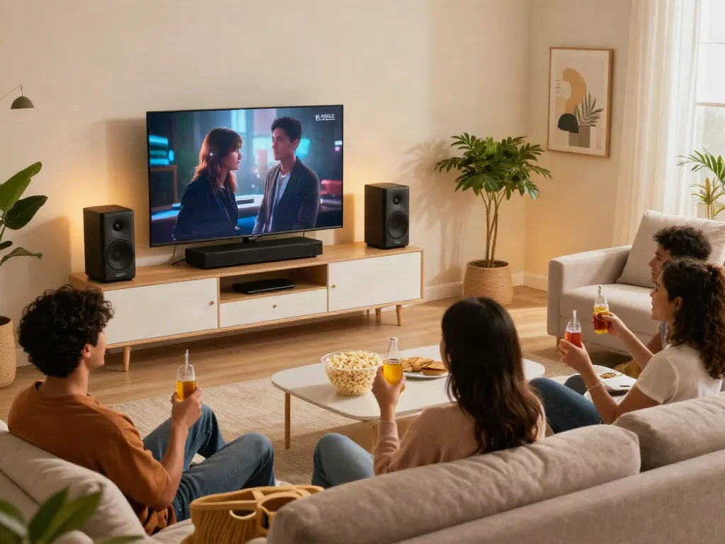 Friends enjoying movie night with Vision Speakers in a cozy living room.