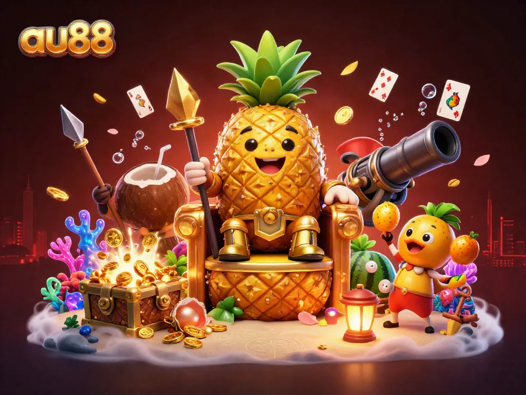 Engage in thrilling gaming with au88: vibrant casino scene featuring the golden pineapple king.