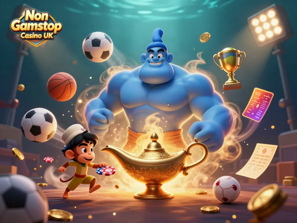 Engage with Non Gamstop Casino UK featuring a muscular genie and poker chips amid vibrant sports elements.