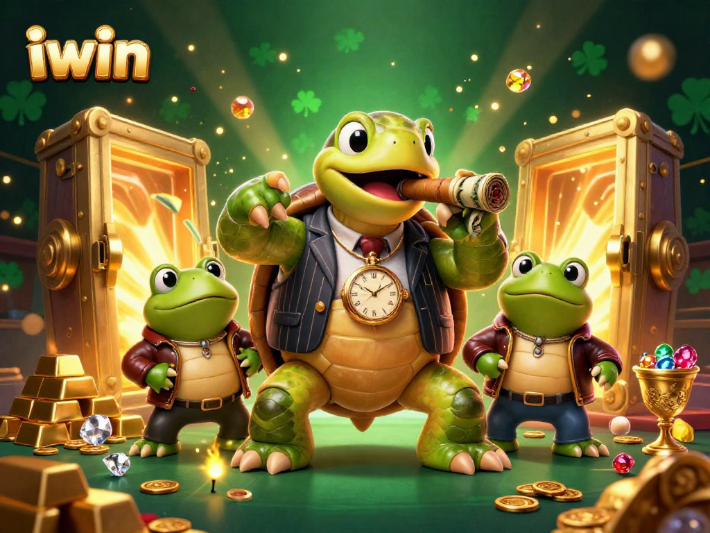 Win big with iwin's vibrant casino scene showcasing cartoon turtle mobster and treasures!