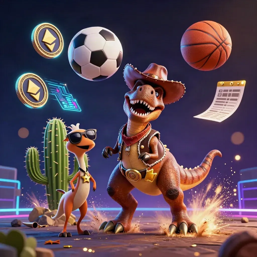 Cowboy T-Rex, cactus and roadrunner amid flying crypto coins, balls and electric blue arena light.