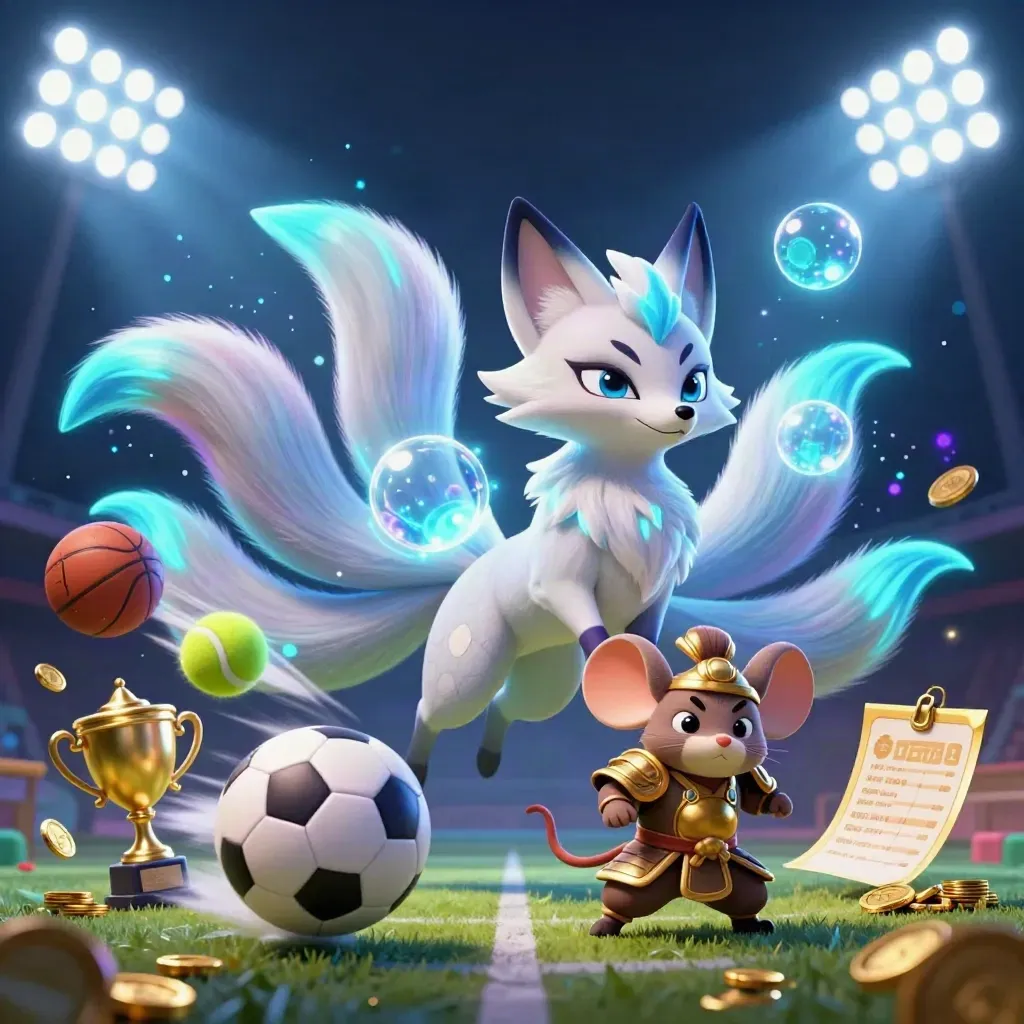 Neon fox spirit and armored mouse amid flying sports balls, coins, trophy and blue stadium light.