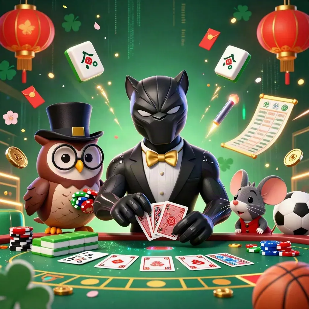 Panther, owl and mouse amid cards, chips, mahjong tiles, lanterns and neon blue casino energy.