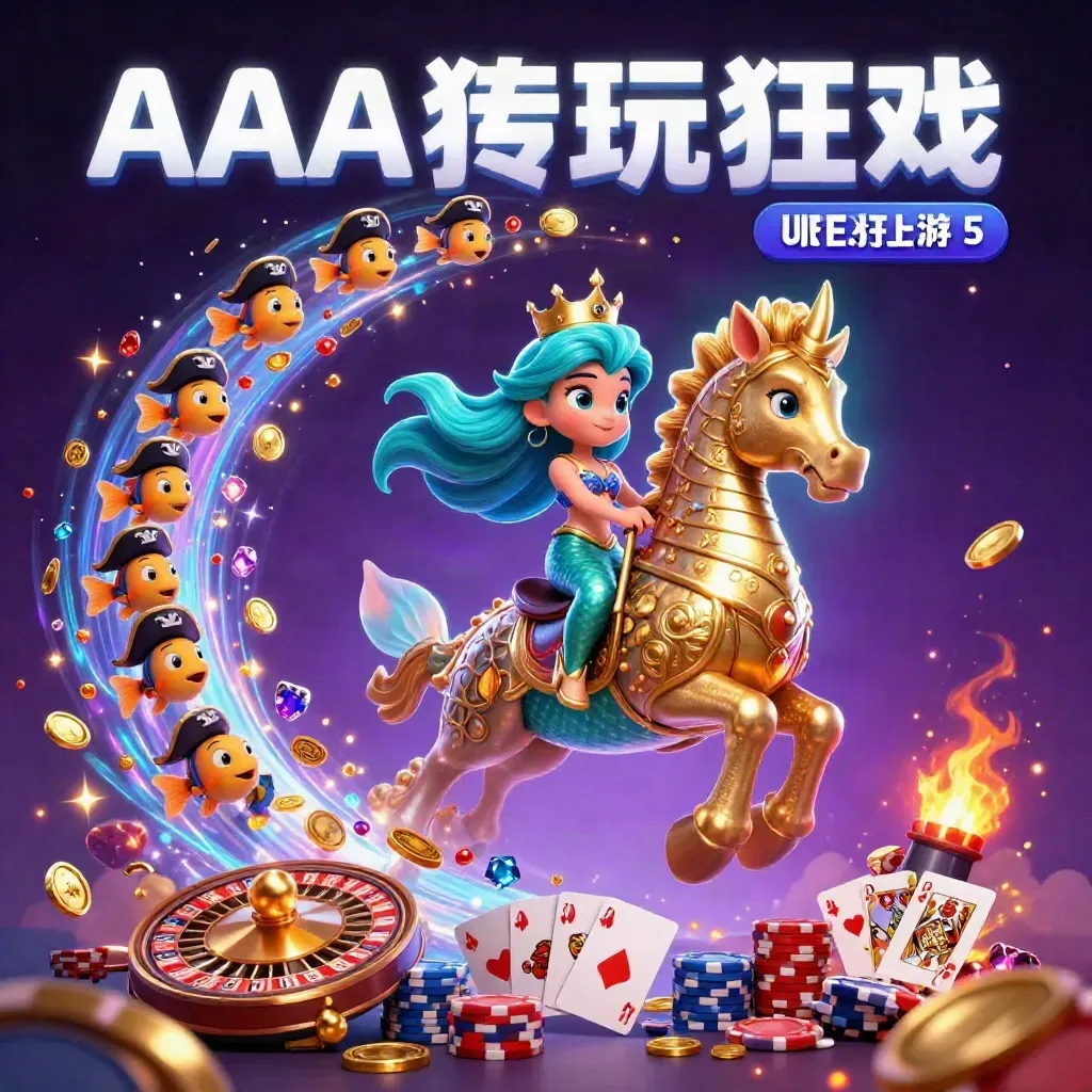 Mermaid princess rides an armored seahorse through coins, cards, chips and electric blue magic.