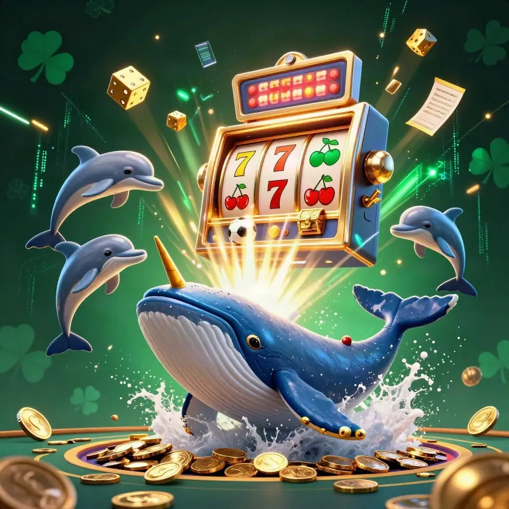 Whale, narwhal and dolphins burst through coins around a blazing slot machine and glowing casino symbols.