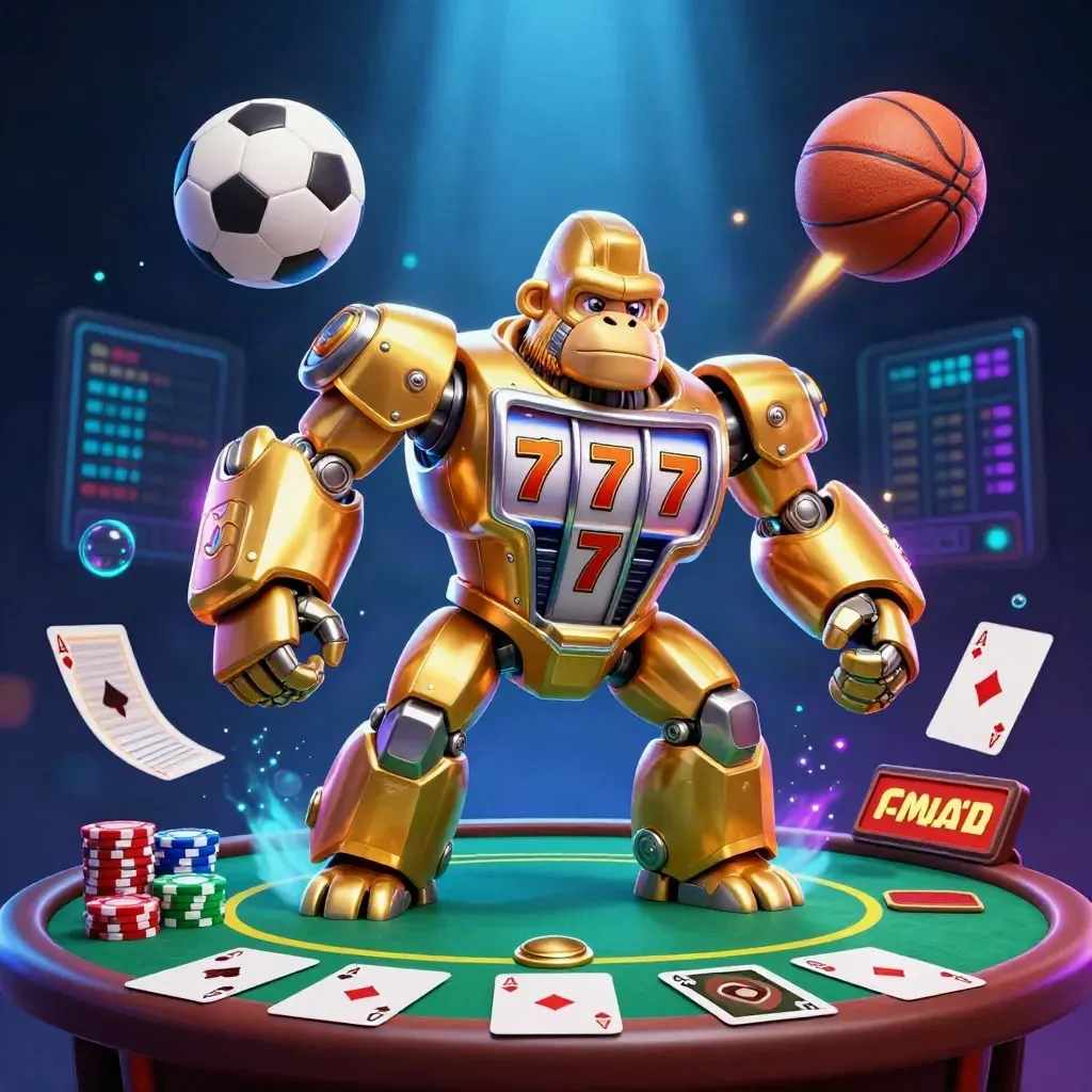 Golden gorilla mech with slot reels, poker chips, cards and blue casino glow