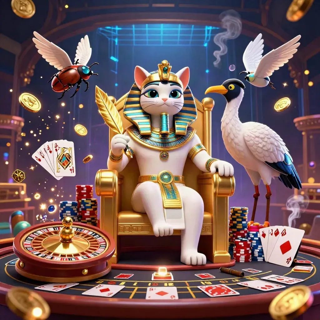 Cat pharaoh, ibis scribe and scarabs amid neon casino treasure, blue grid and gold light.