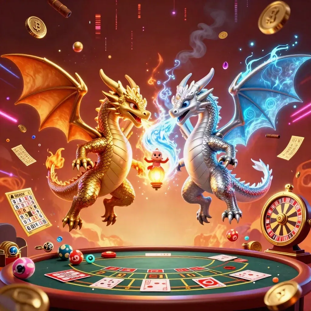 Gold and silver dragons spiral through a glowing casino scene with lottery balls, tickets, and a prize wheel.