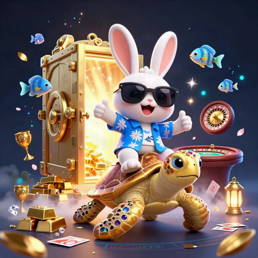 Lucky rabbit on a golden sea turtle amid treasure, blue casino glow, and jewel light.